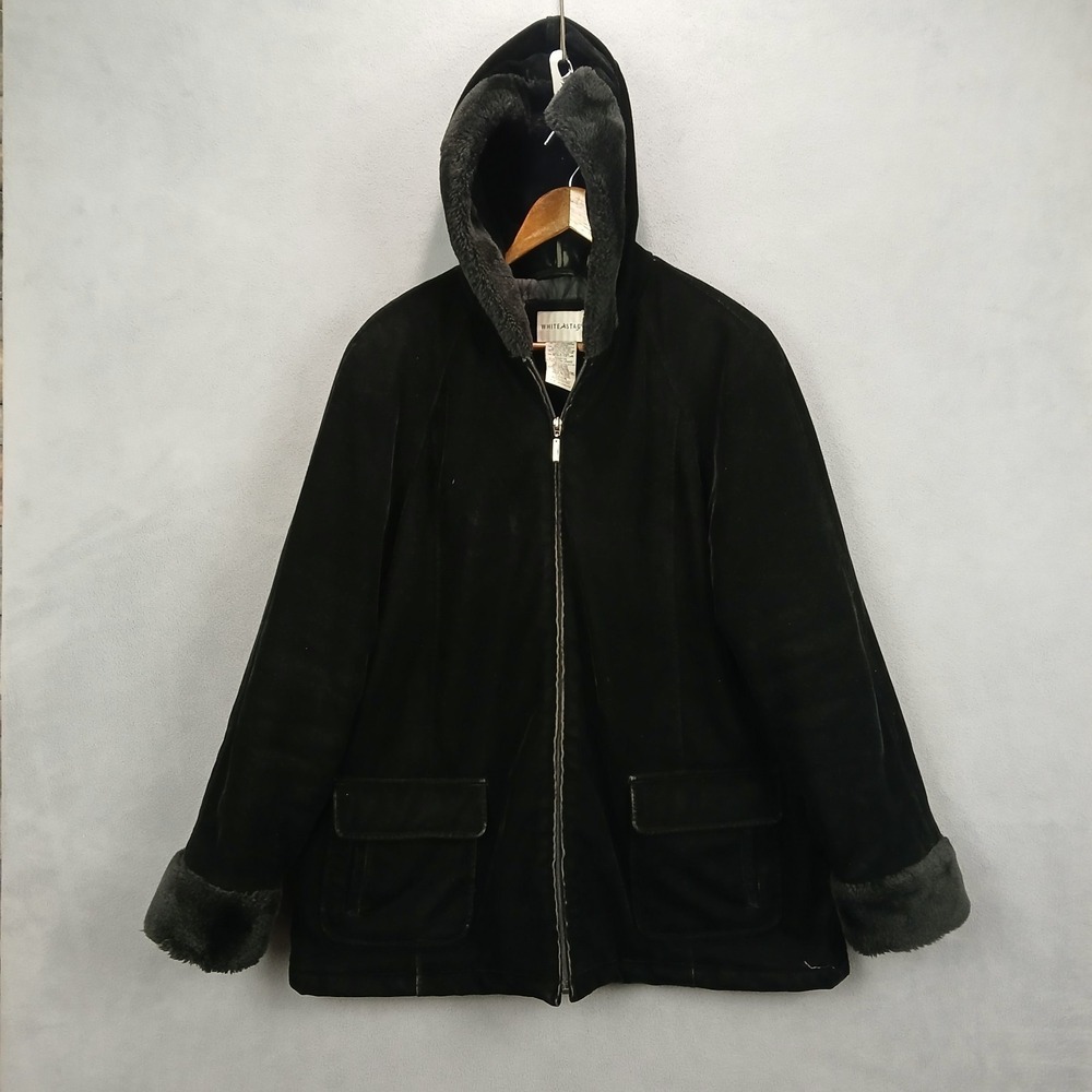 White Stag Velvet Jacket Womens XL(16-18) Black Faux Fur Trim Hooded Full Zip